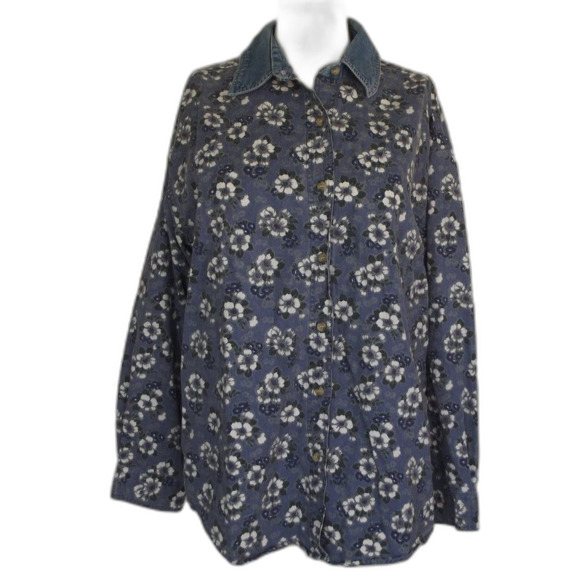 ROUTE 66 Denim Shirt-Jacket, S, Blue Floral, Accent collar, Long sleeve, Buttons - Picture 8 of 11